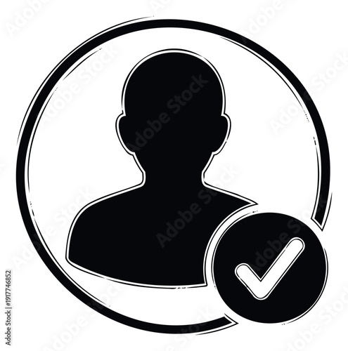 User profile icon with a confirmed status represented by a checkmark within a circular frame, suitable for web applications and digital interfaces and login systems