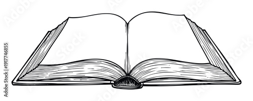Line drawing of an open book with blank pages suitable for learning educational content storytelling graphic design and academic themed visuals