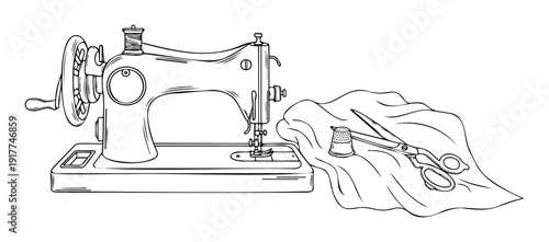 Classic handcrank sewing machine with essential tailoring accessories like scissors, thimble, and fabric, perfect for promoting traditional handicraft workshops or vintage textile themes
