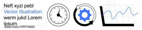 Time management, process optimization, data analysis, workflow automation, business strategy, system efficiency. Clock, gear and graph illustration. Time management and process optimization concept