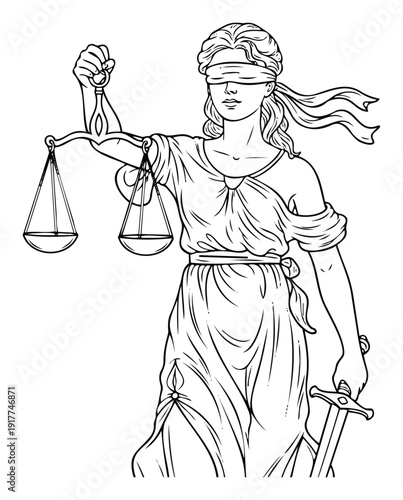 Elegant portrayal of Lady Justice, a blindfolded female figure holding balanced scales and a sword, symbolizing impartiality, law, and fairness for legal system themes and educational