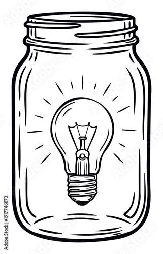 Outline drawing of a glowing light bulb inside a glass mason jar symbolizing a brilliant idea or innovative concept perfect for business presentations and educational material