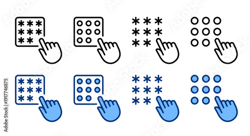 Enter password icons set. Pin code black blue line icon collection. Hand click, clicking sign. Protection, security, privacy concept. Vector illustration. Flat design. Isolated on a white background.