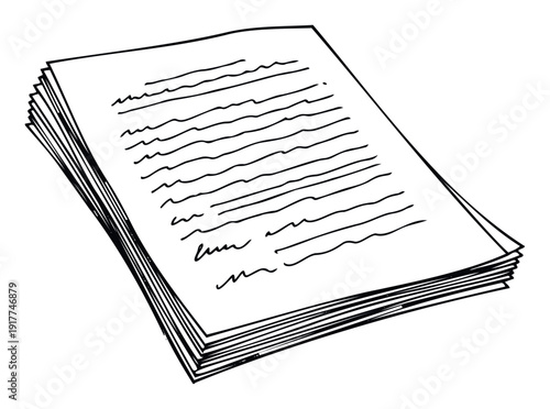 A stack of paper sheets with handwritten text lines in a simple black and white sketch style, useful for educational content, business documentation concepts, or abstract communication