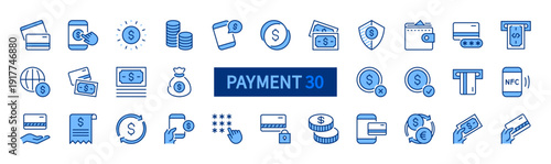 Payment icon set. Paying line blue icons. Dollar bill, credit card, ATM withdrawal, mobile bank, etc. sign. Money, finance concept. Vector illustration. Flat design. Isolated on a white background.