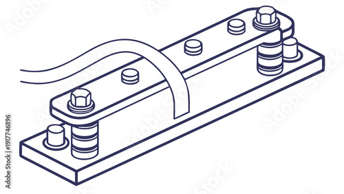 A technical illustration of a mechanical clamp with bolts and a curved metal piece on a flat base viewed from above
