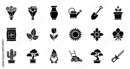Essential gardening and plant care tool icons for landscaping businesses, horticulture blogs, and home garden enthusiasts seeking practical visual elements