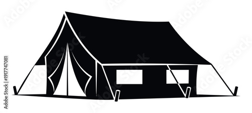 Versatile black and white silhouette of a traditional Aframe tent or safari shelter, perfect for outdoor adventure and travelrelated digital graphics and print materials.
