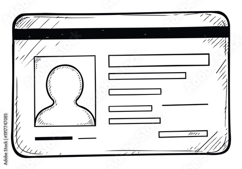 Hand drawn identification card or credit card sketch representing personal data and identity verification for finance, security, and access applications