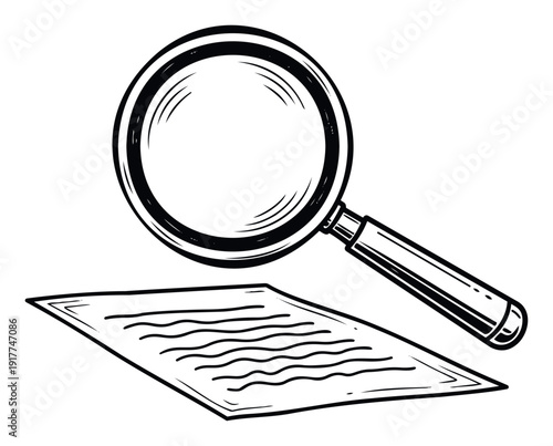 Magnifying glass inspecting a document with text lines, symbolizing thorough research, investigation, and analysis for educational presentations or business reports.