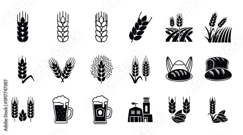 Collection of agricultural and food product icons including wheat ears, farm fields, fresh baked bread, and foamy beer mugs, perfect for farming, brewery, or bakery branding and