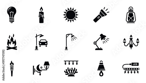 Collection of diverse light sources from natural elements to artificial lamps and urban streetlights, perfect for illustrating themes of illumination, energy, and human activities in