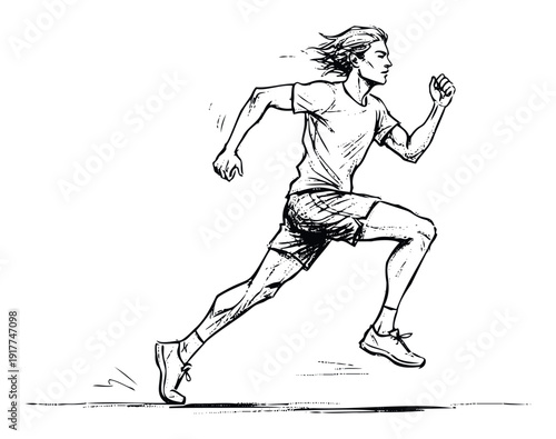 Dynamic male runner captured in a powerful stride, showcasing speed and athleticism for sports marketing, fitness campaigns, or healthy lifestyle promotions.