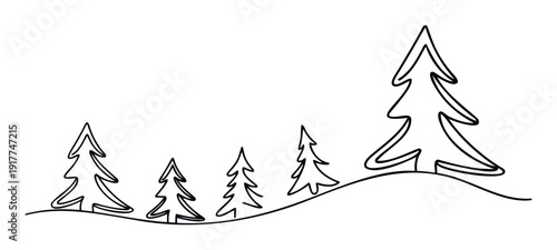 Minimalist continuous line drawing depicting a forest of pine trees on a snowy hill, ideal for holiday greeting designs, winter event promotions, or naturethemed decorative accents.