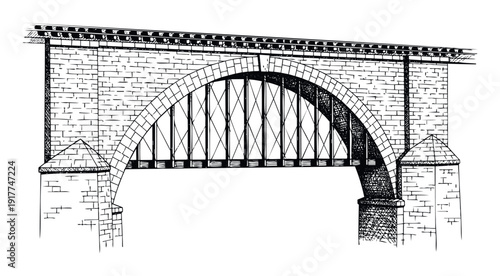 Classic railway viaduct featuring sturdy brick arches and an intricate metal truss supporting the tracks, ideal for architectural historical projects and engineering studies.