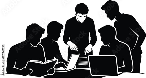 Silhouette of team collaborating with laptops and tablets on digital project in office