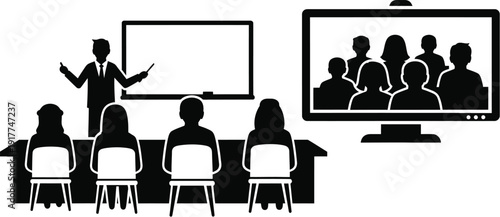 Teacher giving lecture to students with virtual participants on large digital screen