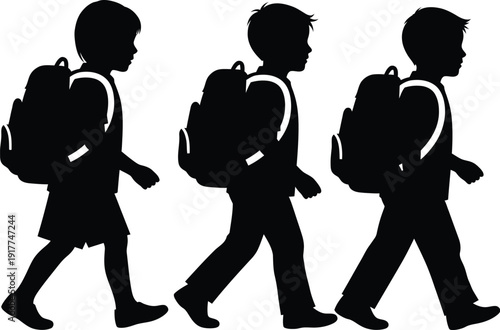 Three children silhouettes walking with backpacks, side view, ready for school, education, elementary or primary school concept