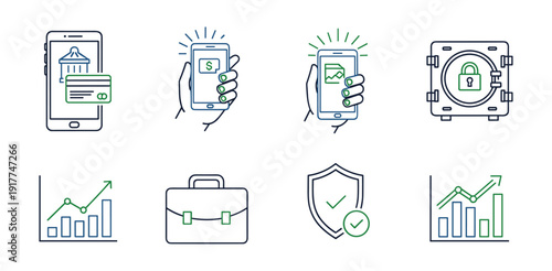 Mobile Finance and Security Icons with Credit Cards Payments Graphs and Safes 