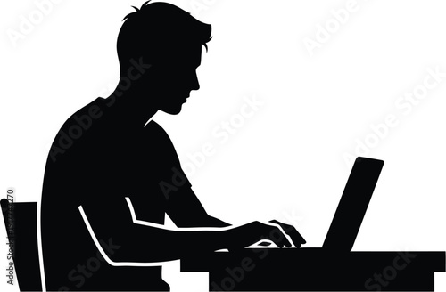 Silhouette of young man working on laptop, side profile, focused on online tasks, remote work or study concept
