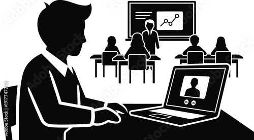 Online education concept, student in foreground watching video lesson on laptop, classroom setting in background