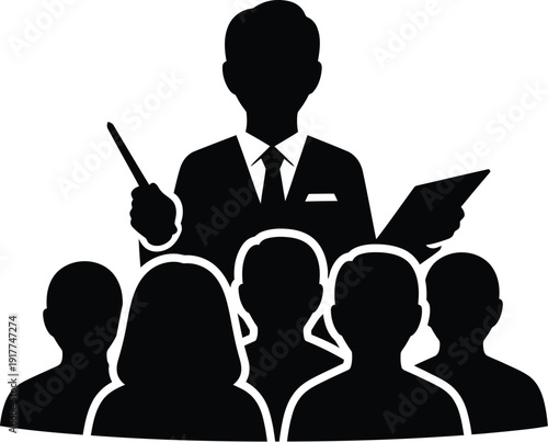 Teacher leading a classroom, lecturer explaining to students, educational presentation or seminar concept