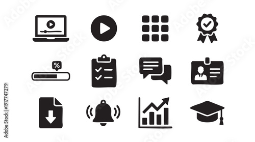 Education and learning vector icon collection. Includes online course, play button, certificate, and graduation cap symbols. Created in simple style with black and white color palette.