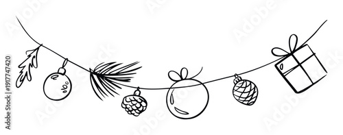Sketch style holiday garland featuring various seasonal ornaments including round baubles, pine cones, fir tree branches, and a wrapped gift box, ideal for winter celebration designs
