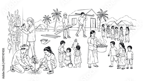 This black and white drawing shows an Asian village community working together on various tasks like planting, building, and food preparation, ideal for educational and cultural projects.