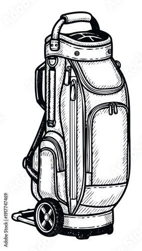 Professional golf bag on wheels, designed for easy transport of clubs and gear, perfect for sports equipment catalogs, golf course promotional materials, or active lifestyle publications.