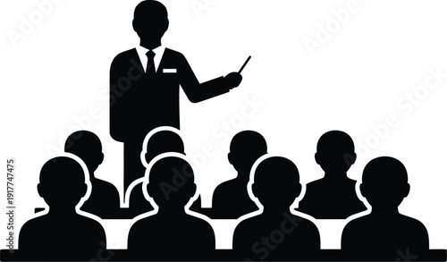 Teacher presenting information to students in classroom audience perspective.