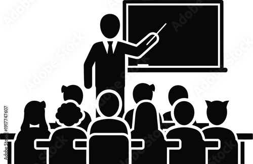 Black silhouette of a teacher instructing students in a classroom, symbolizing education and learning