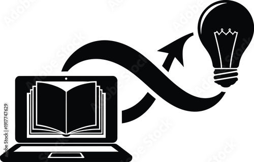Laptop with an open book and an arrow connecting to a lightbulb, symbolizing e-learning, ideas, and innovation