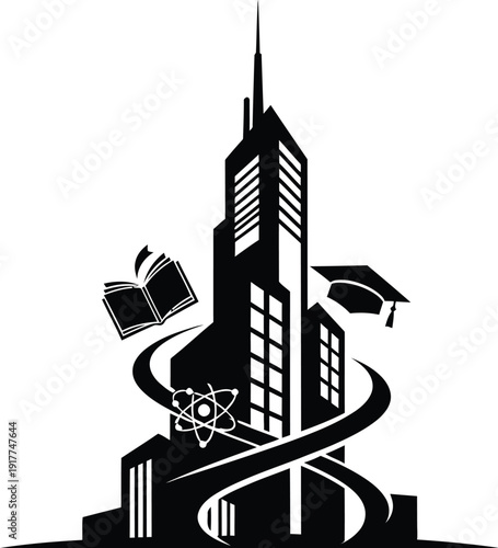 Modern skyscraper building with academic symbols like graduation cap book and atom