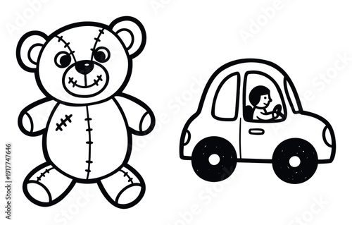 Simple black and white line drawings depicting a cute teddy bear and a small toy car with a driver, suitable for childrens books, educational materials, and playful nursery decor projects.