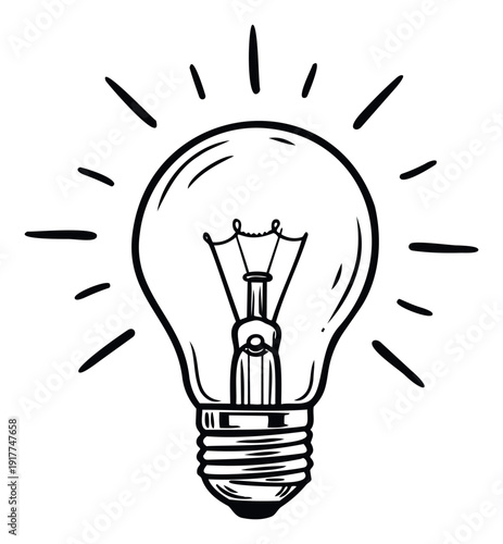 Simple hand drawn lightbulb emitting bright rays, symbolizing innovative ideas and illumination, perfect for educational materials, business presentations, creative projects, or