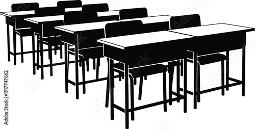 Empty classroom with rows of desks and chairs ready for students