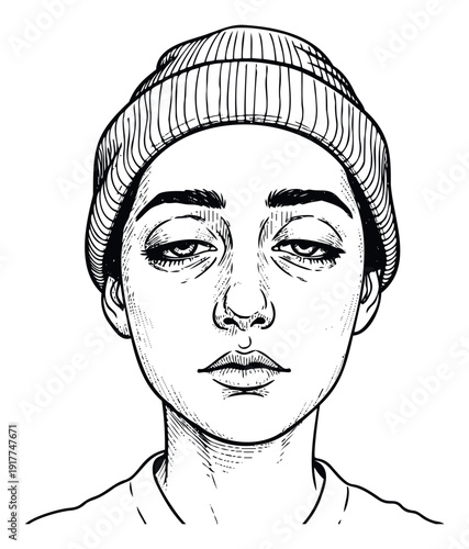 Black and white line drawing portrait of a young person wearing a beanie with a contemplative expression, suitable for illustrating themes of introspection or urban youth culture