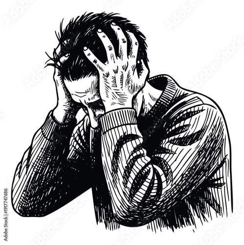 A distraught individual clutching their head, conveying intense stress, anxiety, or emotional pain, perfect for health, psychology, or crisis related publications.