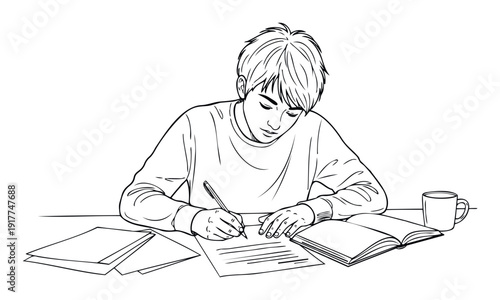 Focused young person diligently studying and writing at a desk, surrounded by books and papers, ideal for educational content, academic presentations, and student lifestyle themes.