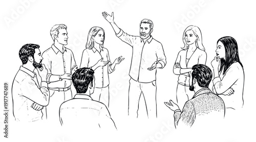 A diverse group of business professionals engages in a dynamic meeting, actively collaborating and discussing ideas, suitable for presentations and corporate communications.