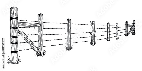 Hand drawn line sketch of a sturdy barbed wire fence with robust wooden posts and a gate structure, perfect for depicting rural boundaries and farm security projects.