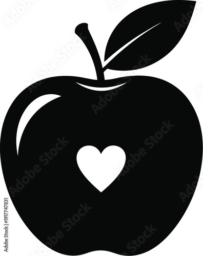 Red apple with a heart cut out symbol of healthy eating and education black silhouette