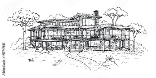 Architectural line drawing of a contemporary multi level house featuring a sustainable green roof and natural stone facade nestled among trees, ideal for sustainable living publications and