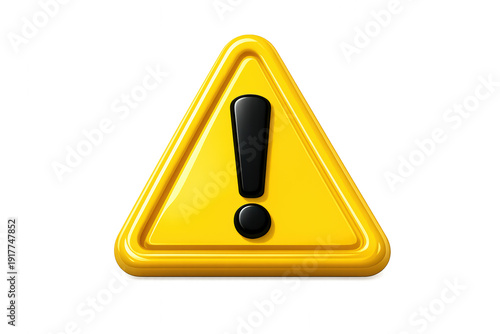 Yellow 3d warning sign with a black exclamation mark icon indicating danger, caution, and system alerts. Transparent background