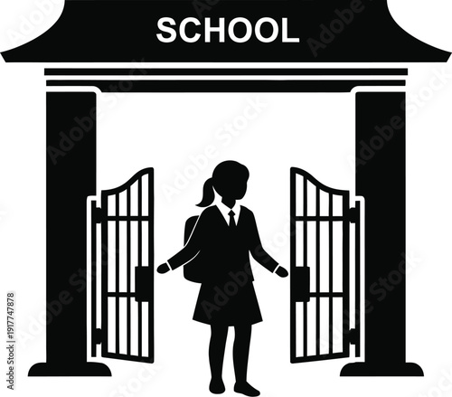 School entrance gate with a student entering, back to school concept, education and enrollment