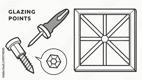 A graphic representation of glazing points, glue stick, and a window frame in a technical illustration