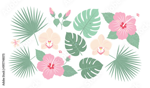 Tropical Floral Elements With Palm Leaves And Hibiscus Flowers