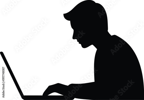 Silhouette of person using laptop computer for work or study isolated on white background