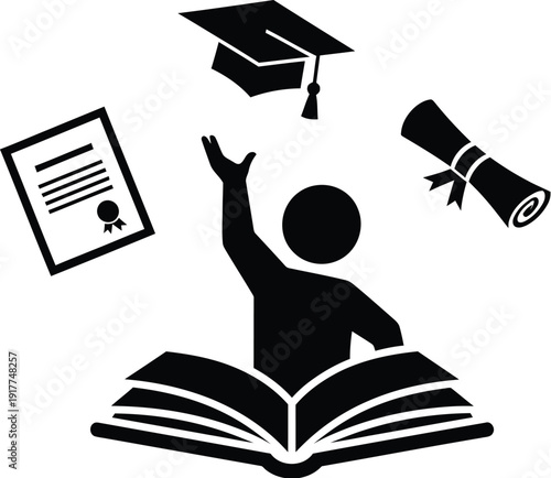 Student silhouette celebrating graduation success with diploma, book, and graduation cap in air
